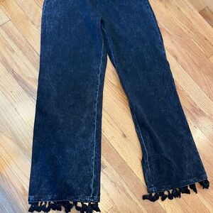 Black Cropped Pants with Tassel Hem